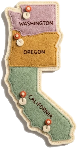 Felt maps of the US regions CuePilot serves, from the West Coast to the East Coast